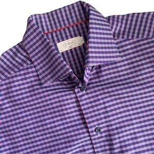 Eton Slim Fit Checkered Button Up Long Sleeve Purple Dress Shirt Size 15.5